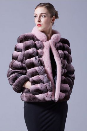 Cropped Chinchilla Fur Jacket with Mink Fur Trimming