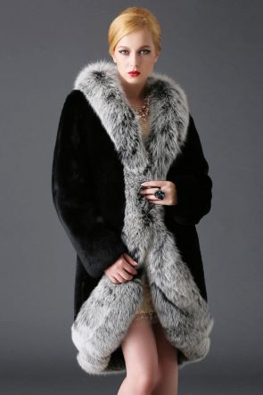 3/4 Length Rex Rabbit Fur Coat with Fox Fur Trimming