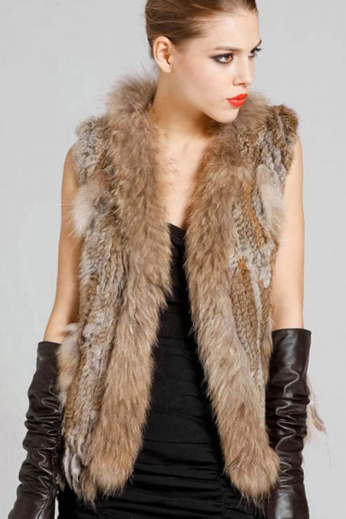 Knitted Rabbit Fur Vest with Raccoon Fur Trim