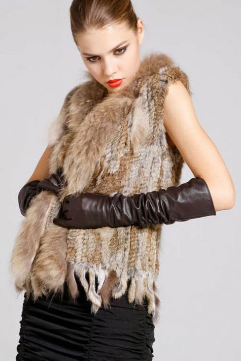 Knitted Rabbit Fur Vest with Raccoon Fur Trim