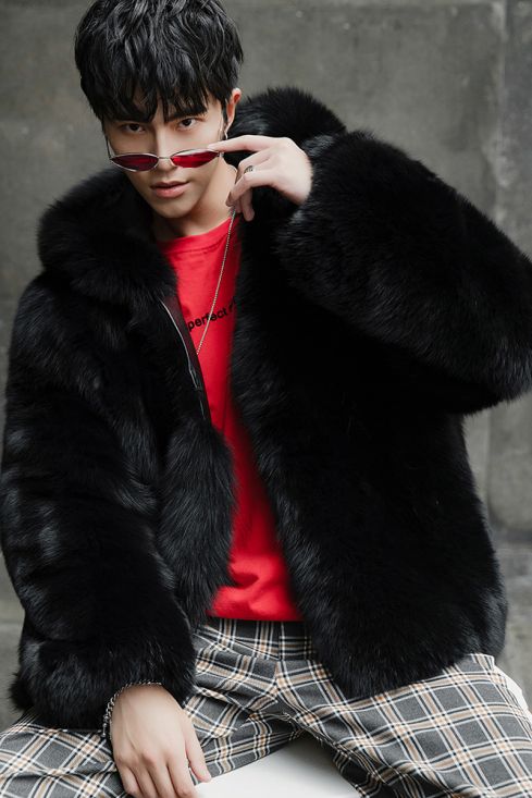 Mens Red Hooded Chinchilla Bomber Fur Coatt