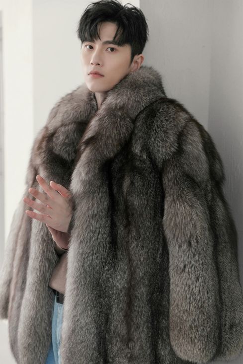 Luxury Men Real Full Pet Silver Fox Fur Overcoat Natural Fur Shawl