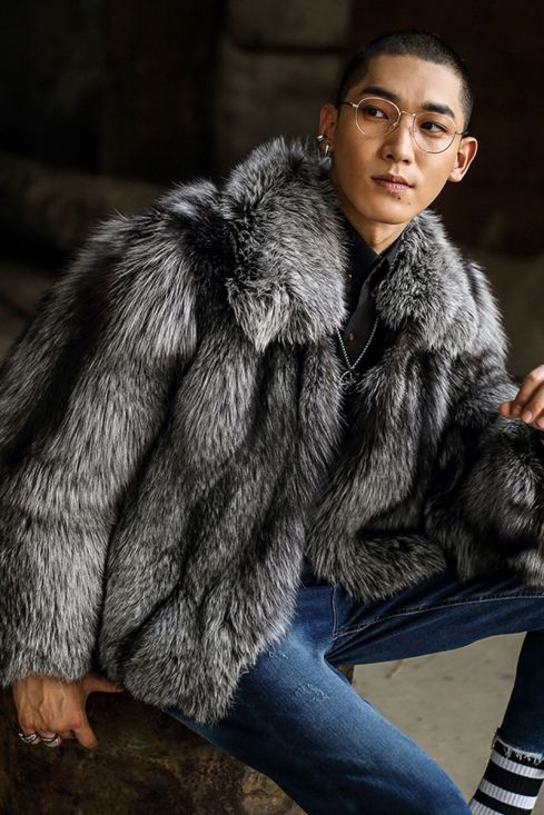 Men s Silver Fox Fur Bomber Jacket
