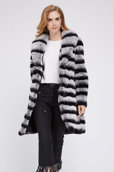 LVCOMEFF Natural Rex Rabbit Fur Coat Chinchilla Color Stripe Jacket with  Collar Furry Warm at Amazon Women's Coats Shop