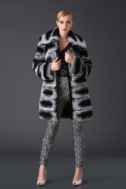 3 4 Length Rex Rabbit Fur Coat with Chinchilla Look