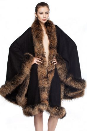 Cashmere Cape with Raccoon Fur Trim, Black
