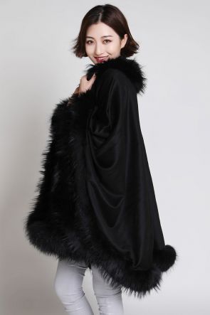 Cashmere Cape with Raccoon Fur Trimming