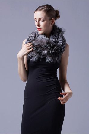 Chinchilla Fur Knitted Wrap Neckwarmer with Silver Fox Fur Trim
