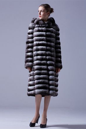 3/4 Length Chinchilla Fur Long Coat with Hood