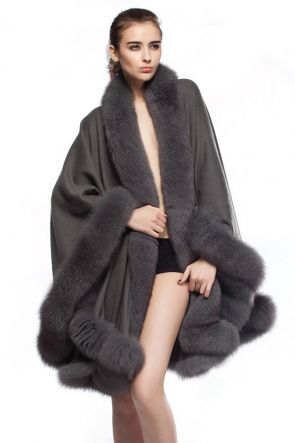 Cashmere Cape with Fox Fur Trim, Grey