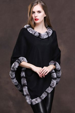 Cashmere Poncho with Rex Rabbit Fur Trim