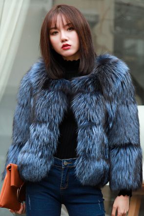 Cropped Silver Fox Fur Jacket in Blue