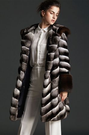 Hooded Chinchilla Fur Coat with Sable Fur Trimming