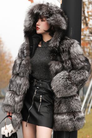 Silver Fox Fur Coat with Hood