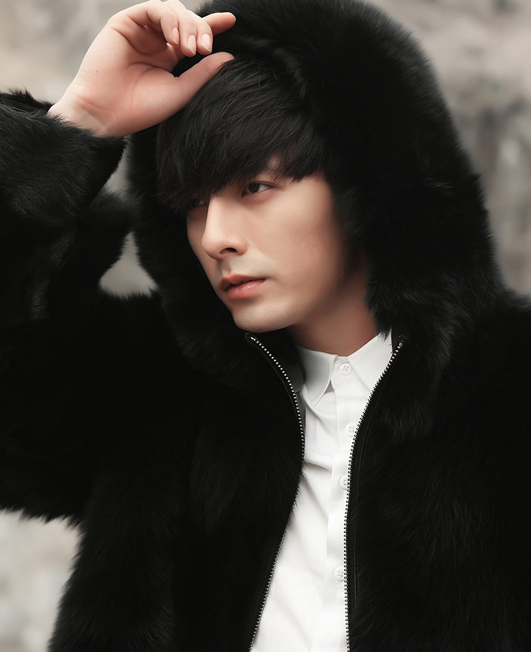 Men's Fox Fur Black Hooded Zip Coat 0008-3