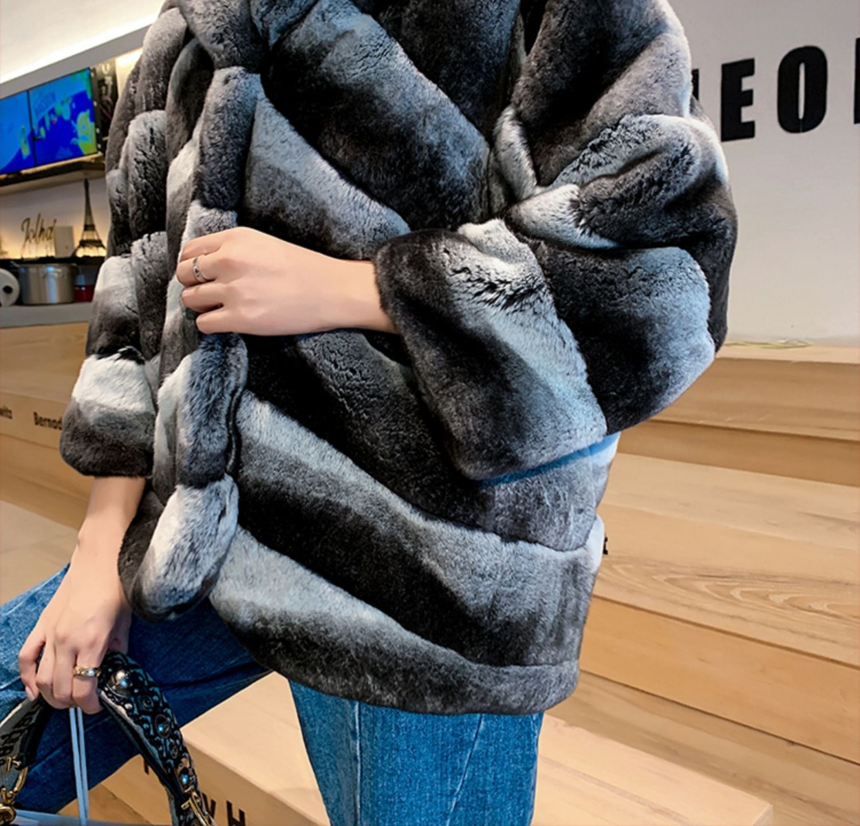【60％OFF】 Jacket Fur Rabbit Rex with Look Fur Chinchilla 毛皮/ファーコート