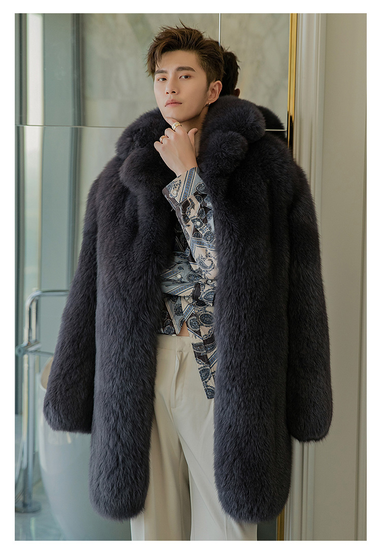 Mid Length Black Fox Fur Coat for Men