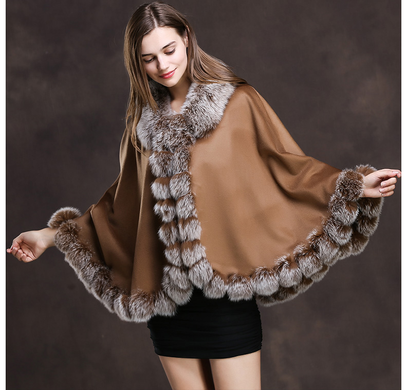 Fox Trimmed Cashmere Cape 139-Camel-Details-1