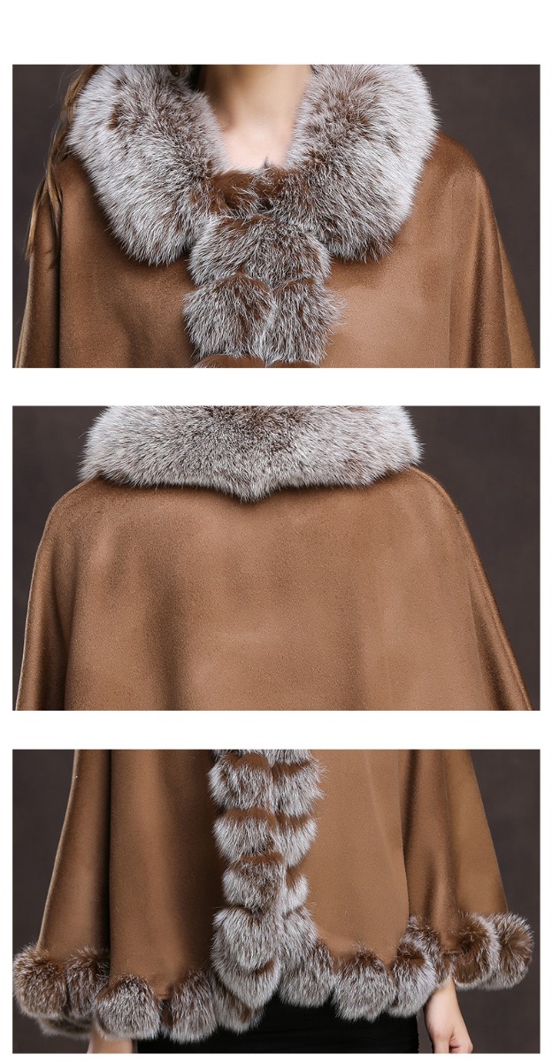 Fox Trimmed Cashmere Cape 139-Camel-Details-2