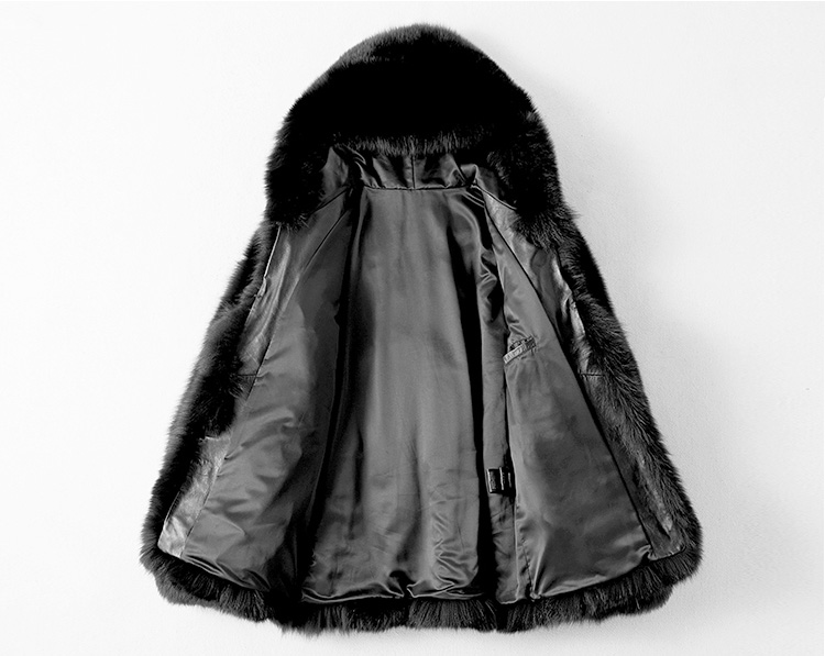 Men's Fox Fur Hooded Black Coat 381b-2