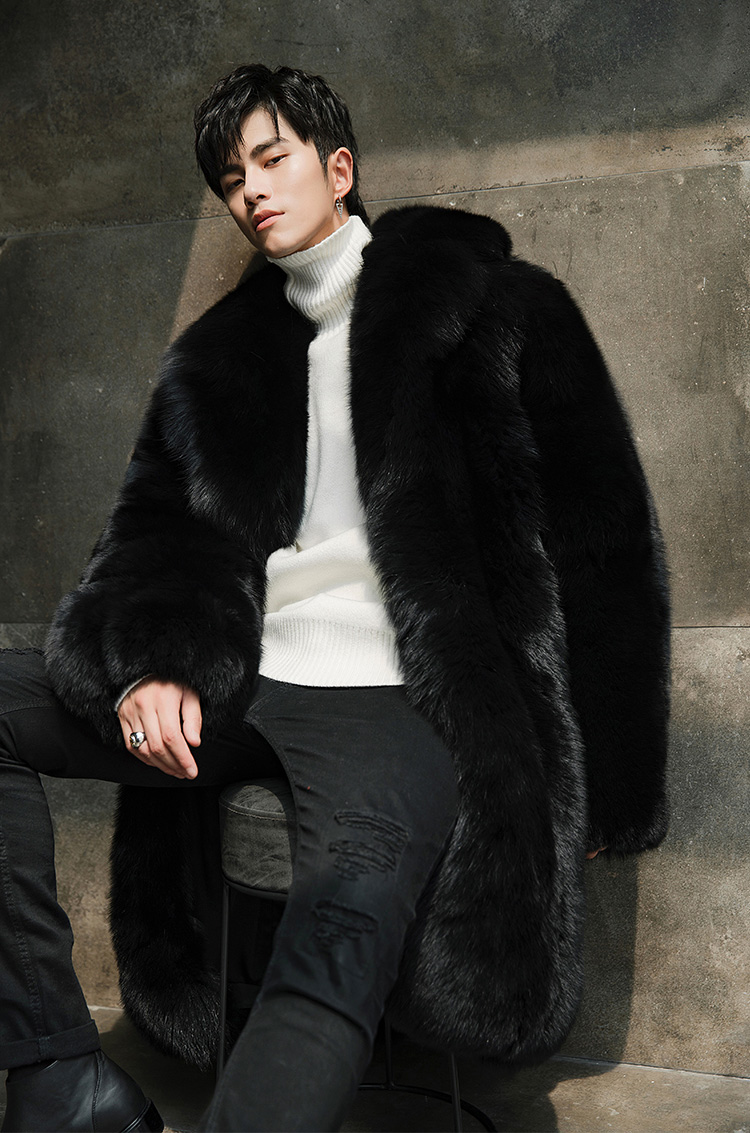 Men's Fox Fur Black Long Coat 382-1