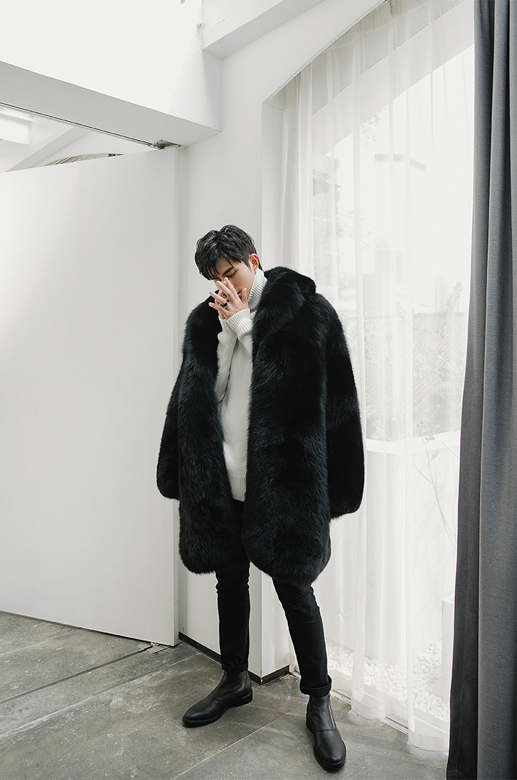 Men's Fox Fur Black Long Coat 382-1