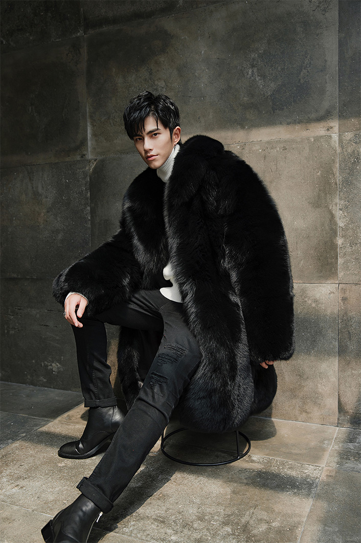 Men's Fox Fur Black Long Coat 382-1