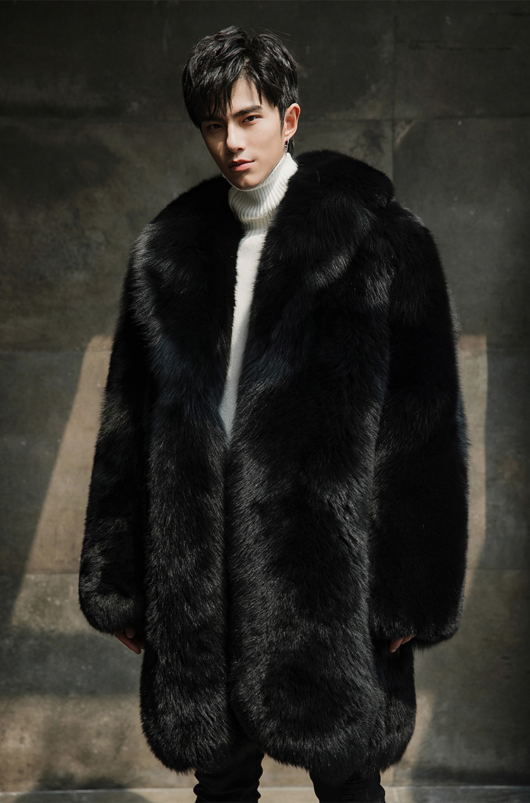 Men's Fox Fur Black Long Coat 382-1