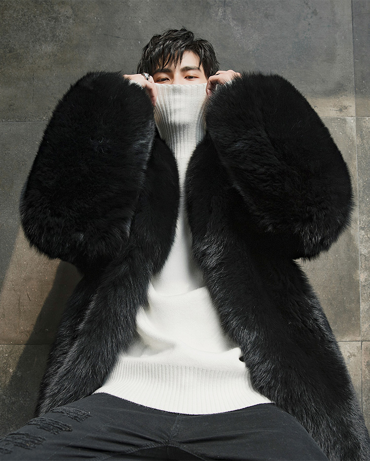Men's Fox Fur Black Long Coat 382-1