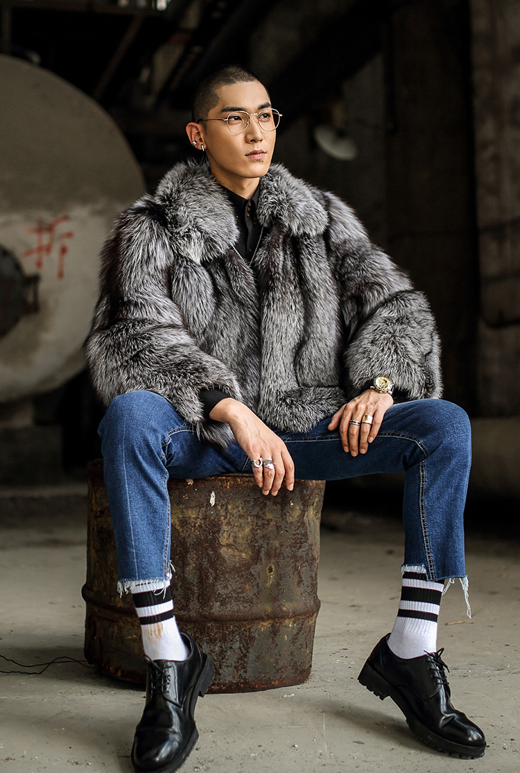 Men's Silver Fox Fur Bomber Jacket 386-4